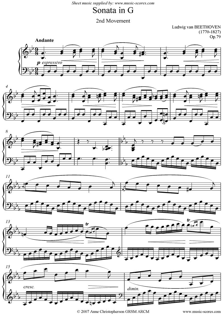 Front page of Op.79: Sonata 25: G: 2nd mvt: Andante sheet music