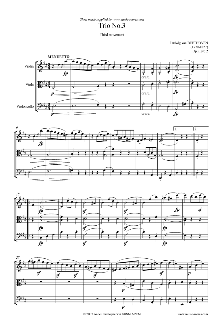 Beethoven. Op.09, No2 Trio No.3 3rd mt Minuet and Trio classical sheet