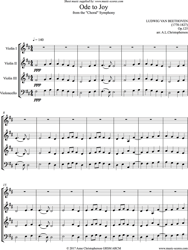 spejder cement ulæselig Beethoven. Ode to Joy 9th Symphony 3 Violins and Cello classical sheet music