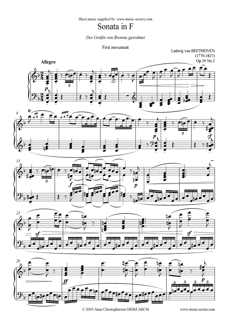 Front page of Op.10, No2: Sonata 06: F: 1st Mt: Allegro sheet music