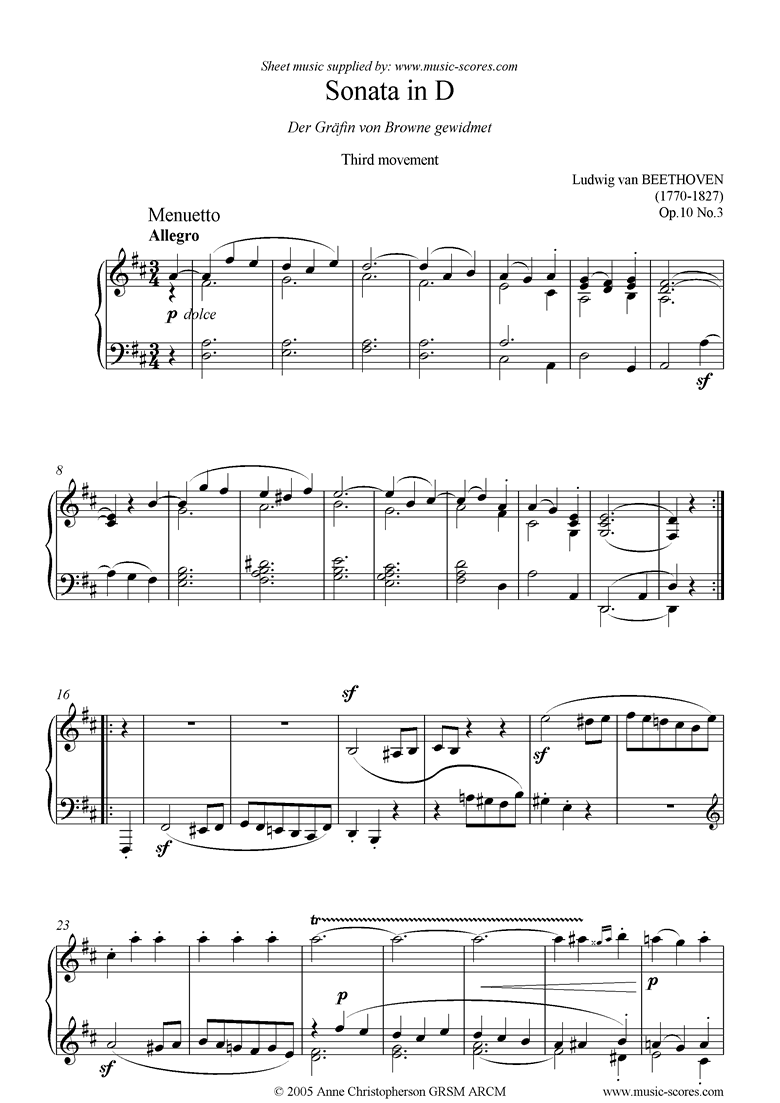 Front page of Op.10, No3: Sonata 07: D: 3rd Mt: Menuetto and Trio sheet music