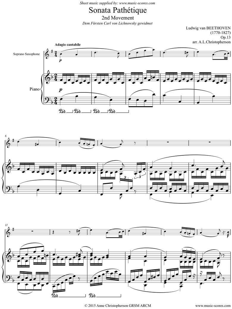 Front page of Op.13: Sonata 08: Pathétique, 2nd mvt: Soprano Sax sheet music