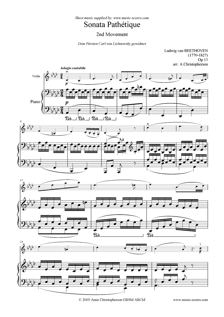 Front page of Op.13: Sonata 08: Pathétique, 2nd mvt: Violin sheet music