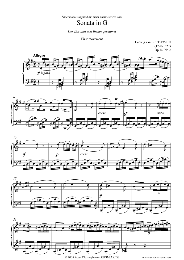 Front page of Op.14, No2: Sonata 10: G: 1st Mt: Allegro sheet music