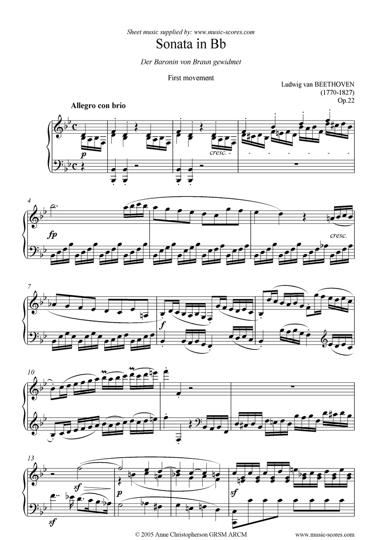Front page of Op.22: Sonata 11: Bb: 1st Mt: Allegro con Brio sheet music