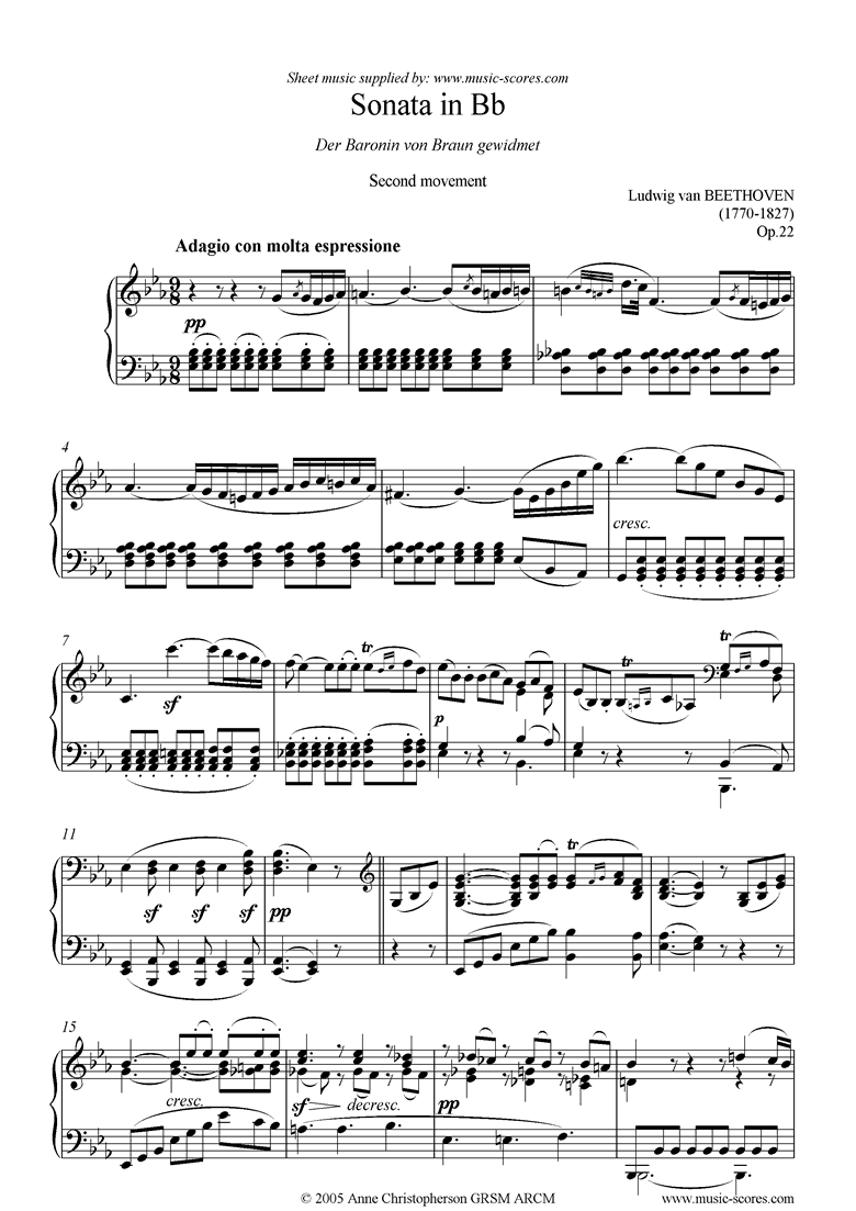 Front page of Op.22: Sonata 11: Bb: 2nd Mt: Adagio sheet music
