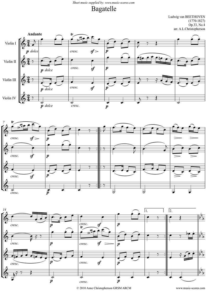 Front page of Op.33, No.4: Bagatelle in A: 4 Violins sheet music