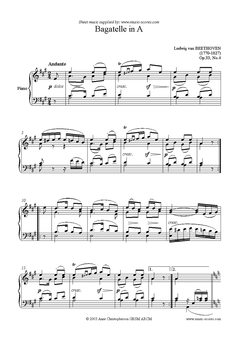 Front page of Op.33, No.4: Bagatelle in A: Piano sheet music