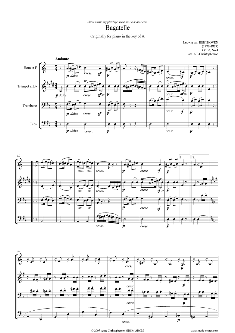 Front page of Op.33, No.4: Bagatelle: Brass 4 sheet music