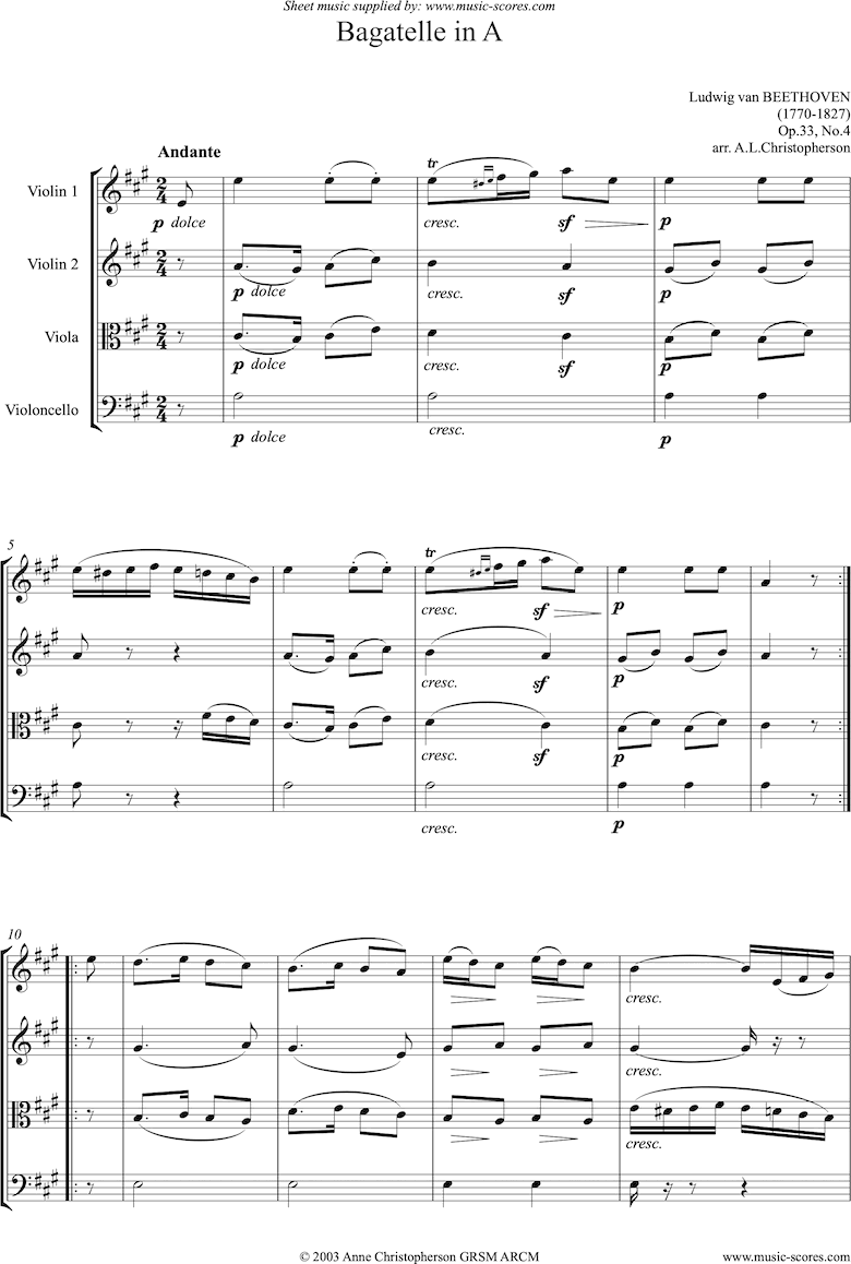 Op.33, No.4: Bagatelle in A: 2 Vns, Va, Vc by Beethoven
