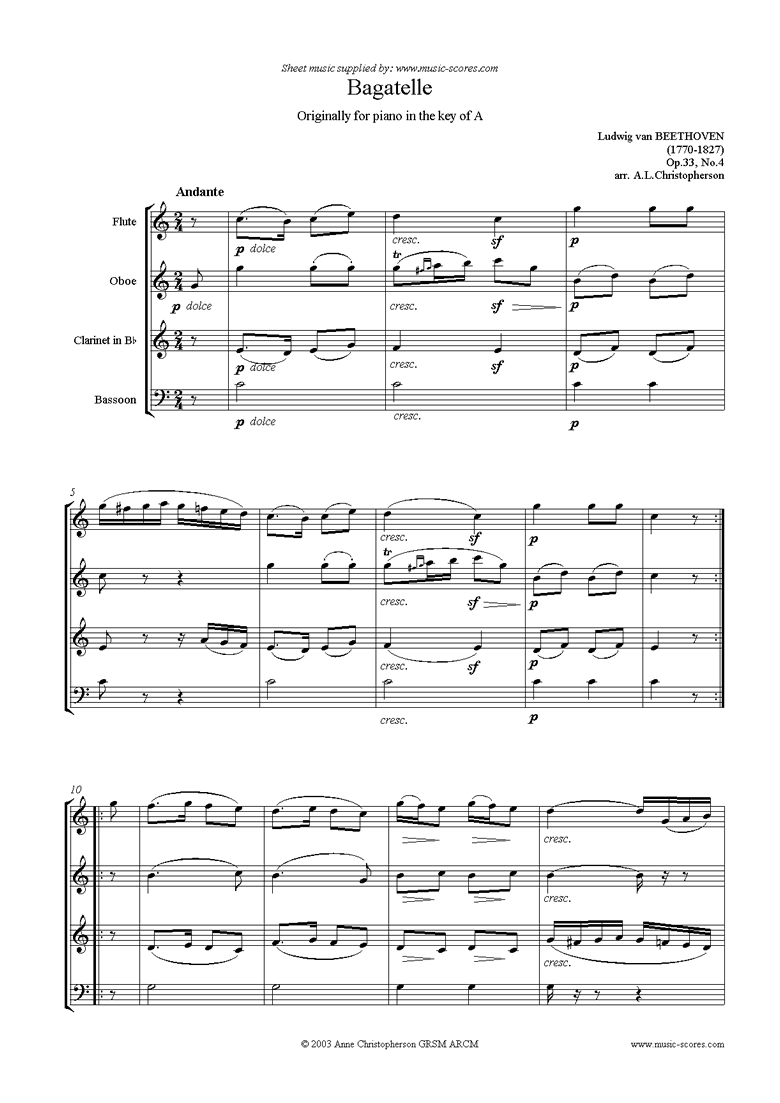 Front page of Op.33, No.4: Bagatelle in A: fl, ob, cl, fg sheet music