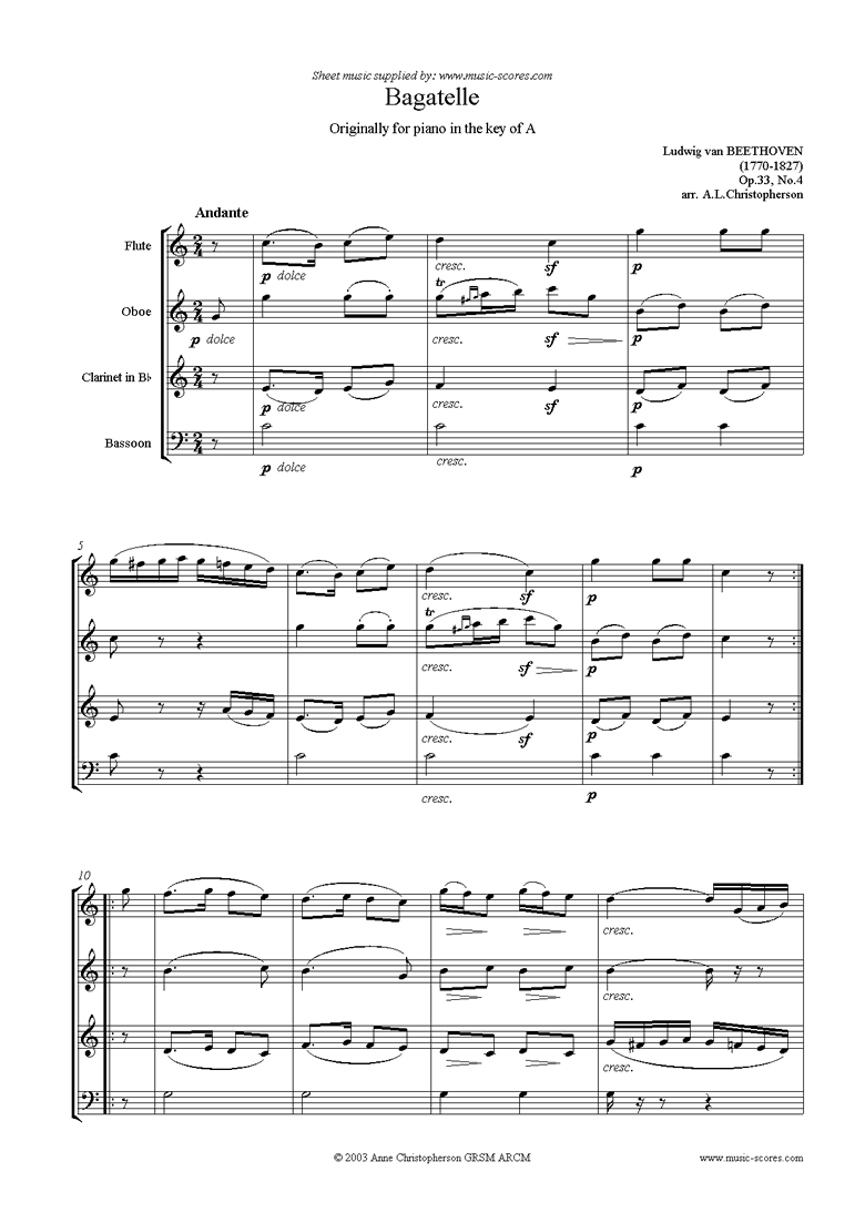 Op.33, No.4: Bagatelle in A: fl, ob, cl, fg by Beethoven