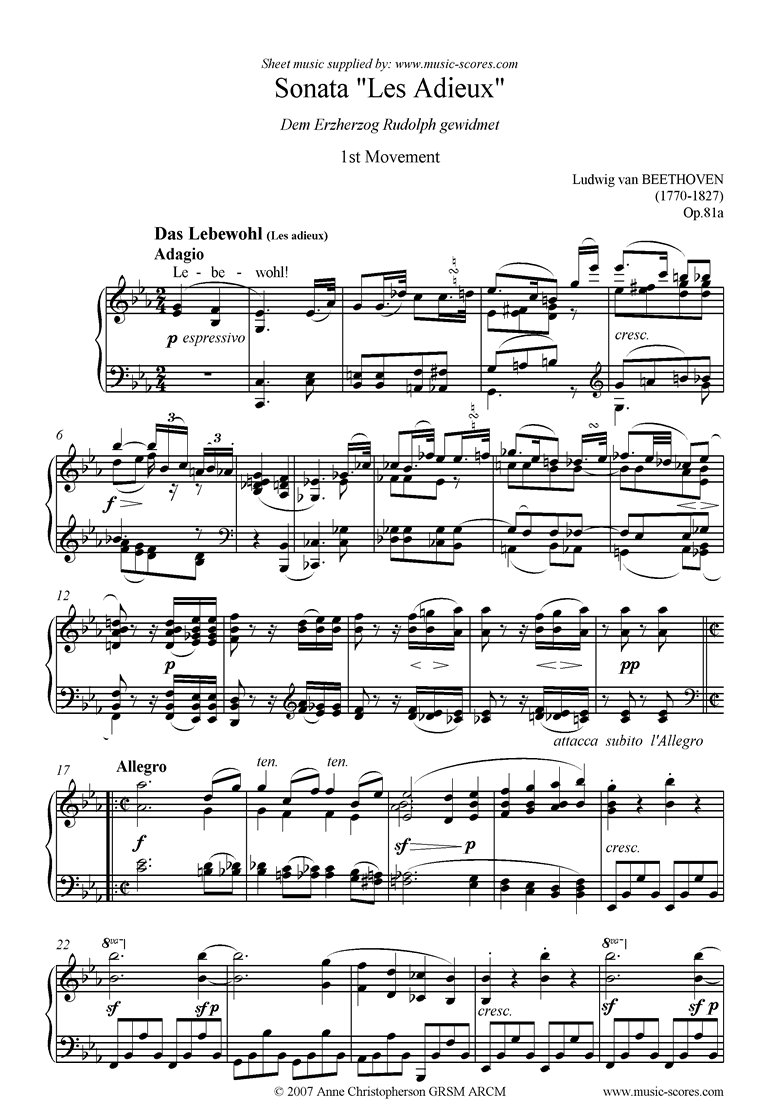 Front page of Op.81a: Sonata 26: Eb: Les Adieux: 1st mvt sheet music
