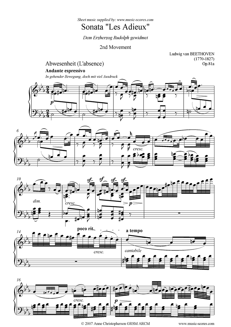 Front page of Op.81a: Sonata 26: Eb: 2nd and 3rd mvts sheet music