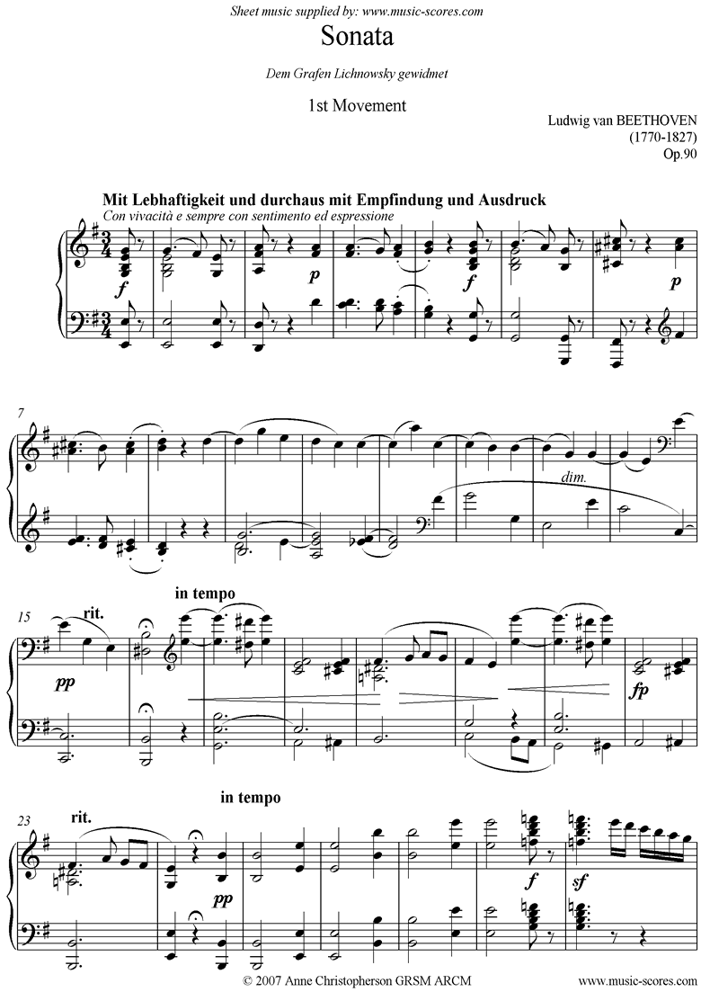 Front page of Op.90: Sonata 27: E minor: 1st mvt sheet music