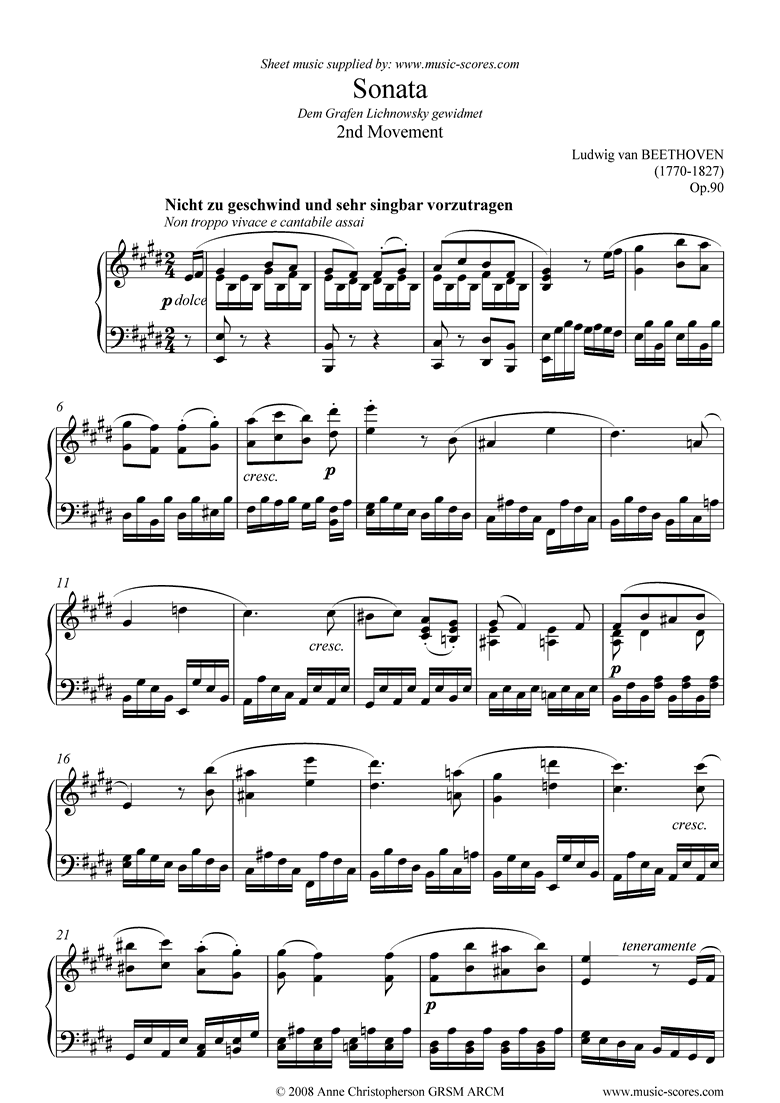 Front page of Op.90: Sonata 27: E minor: 2nd mvt sheet music
