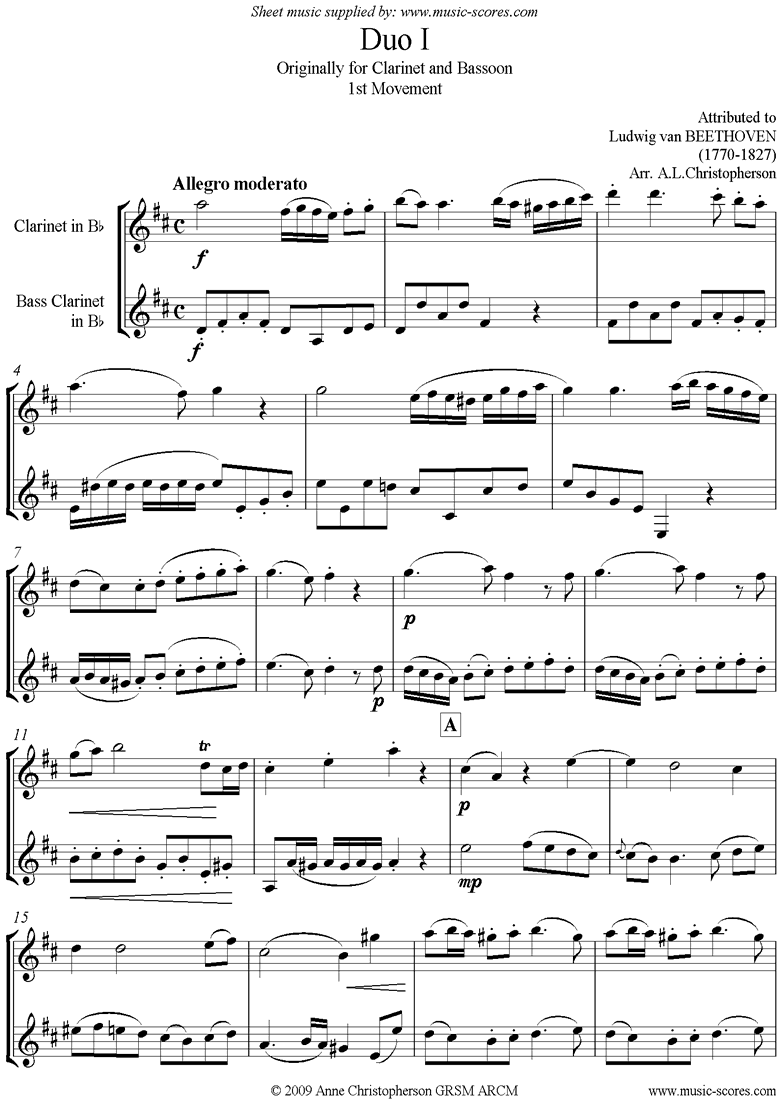 Front page of 3 Duos: No.1: 1st mvt: Clarinet and Bass Clarinet sheet music