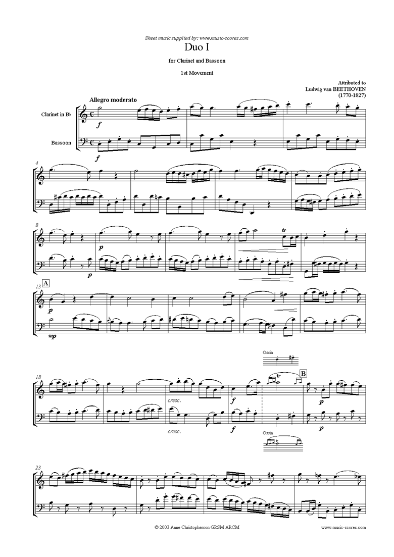 Front page of 3 Duos: No.1 in C major: 1st mvt: Clarinet and Bassoon sheet music