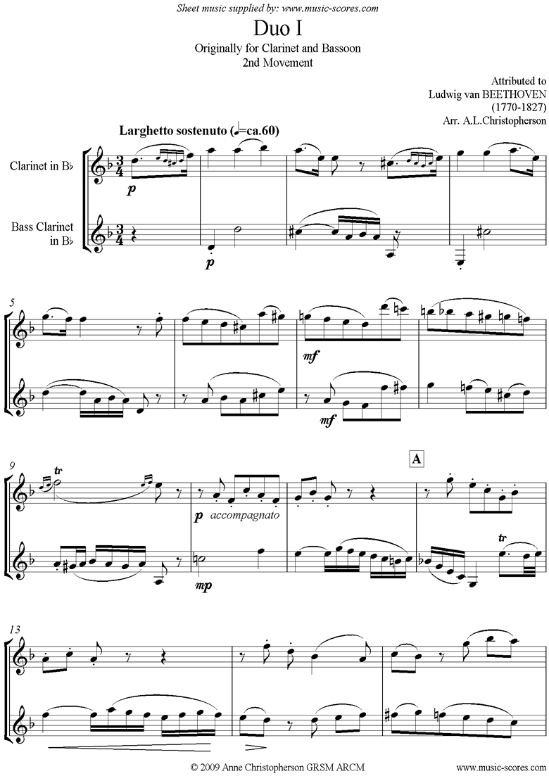Front page of 3 Duos: No.1: 2nd mvt: Clarinet and Bass Clarinet sheet music
