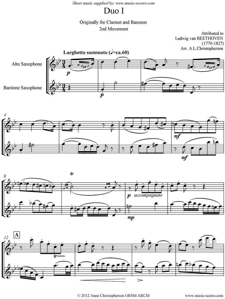 Front page of 3 Duos: No.1: 2nd mvt: Alto and Baritone Saxes sheet music