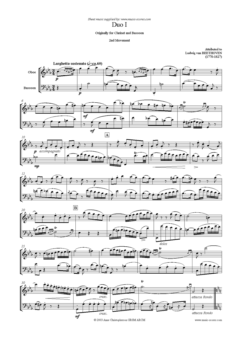 Front page of 3 Duos: No.1: 2nd mvt: Oboe and Bassoon sheet music