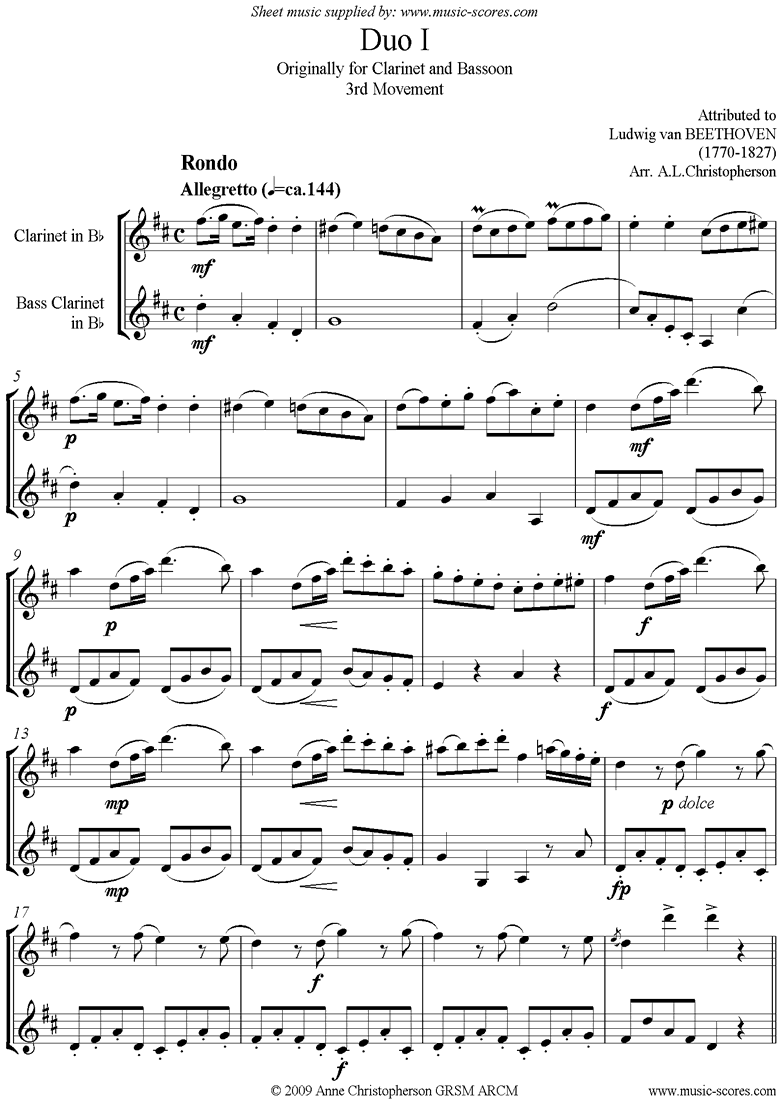 Front page of 3 Duos: No.1: 3rd mvt: Clarinet and Bass Clarinet sheet music