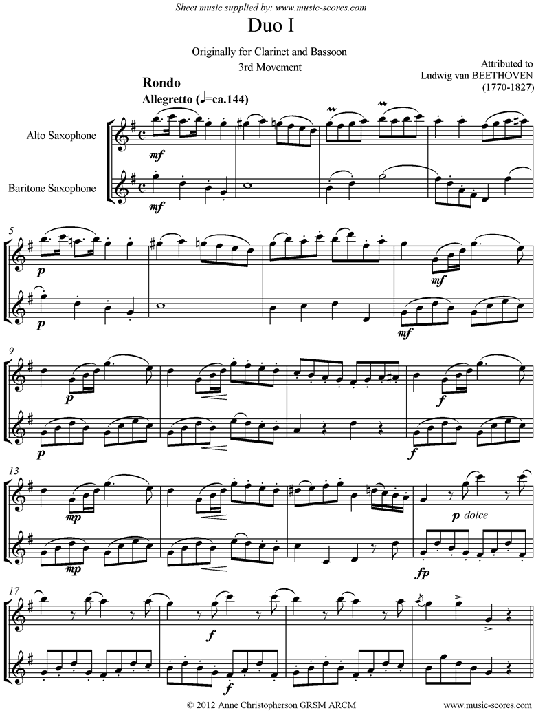 Front page of 3 Duos: No.1: 3rd mvt: Alto and Baritone Saxes. sheet music