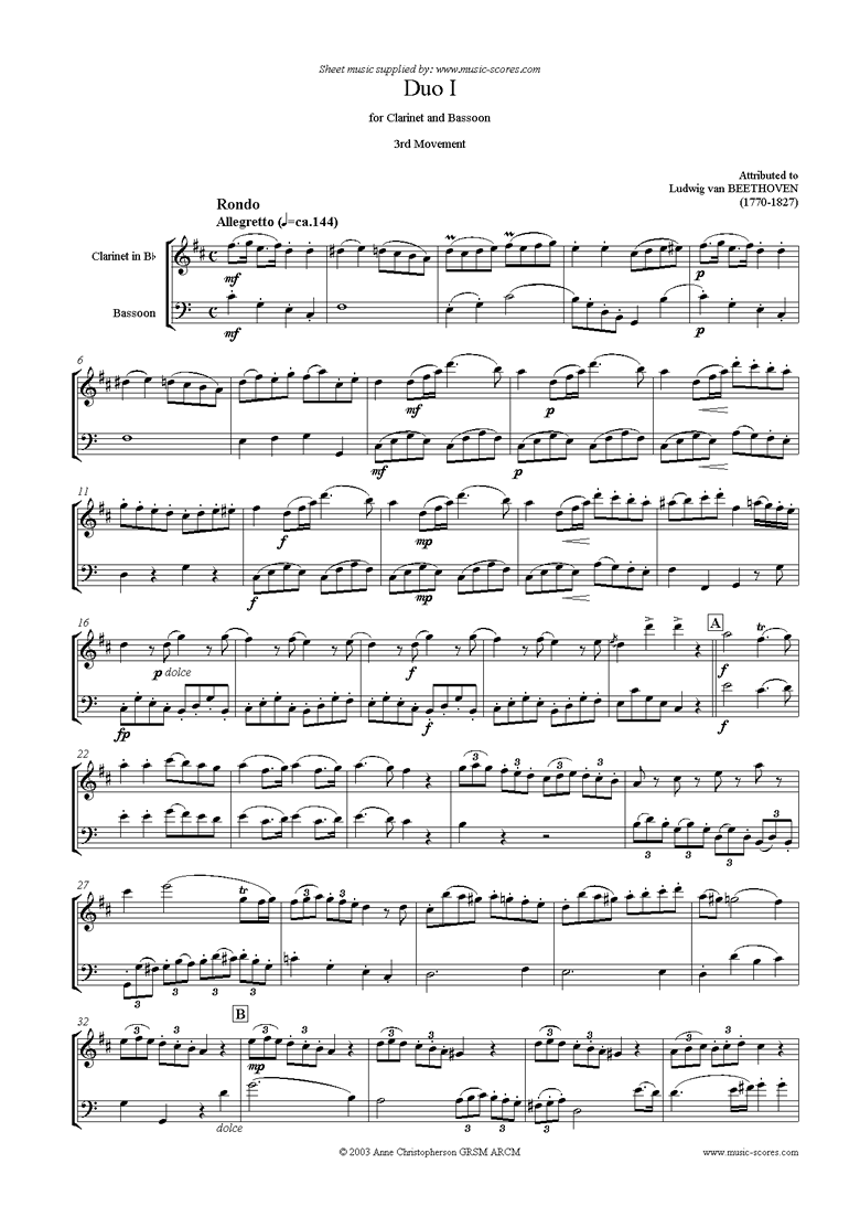 Front page of 3 Duos: No.1 in C major: 3rd mvt: Clarinet and Bassoon sheet music