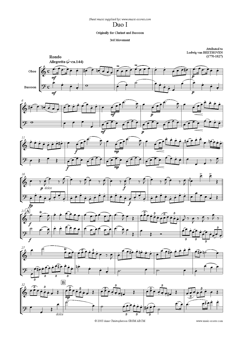 Front page of 3 Duos: No.1: 3rd mvt: Oboe and Bassoon sheet music