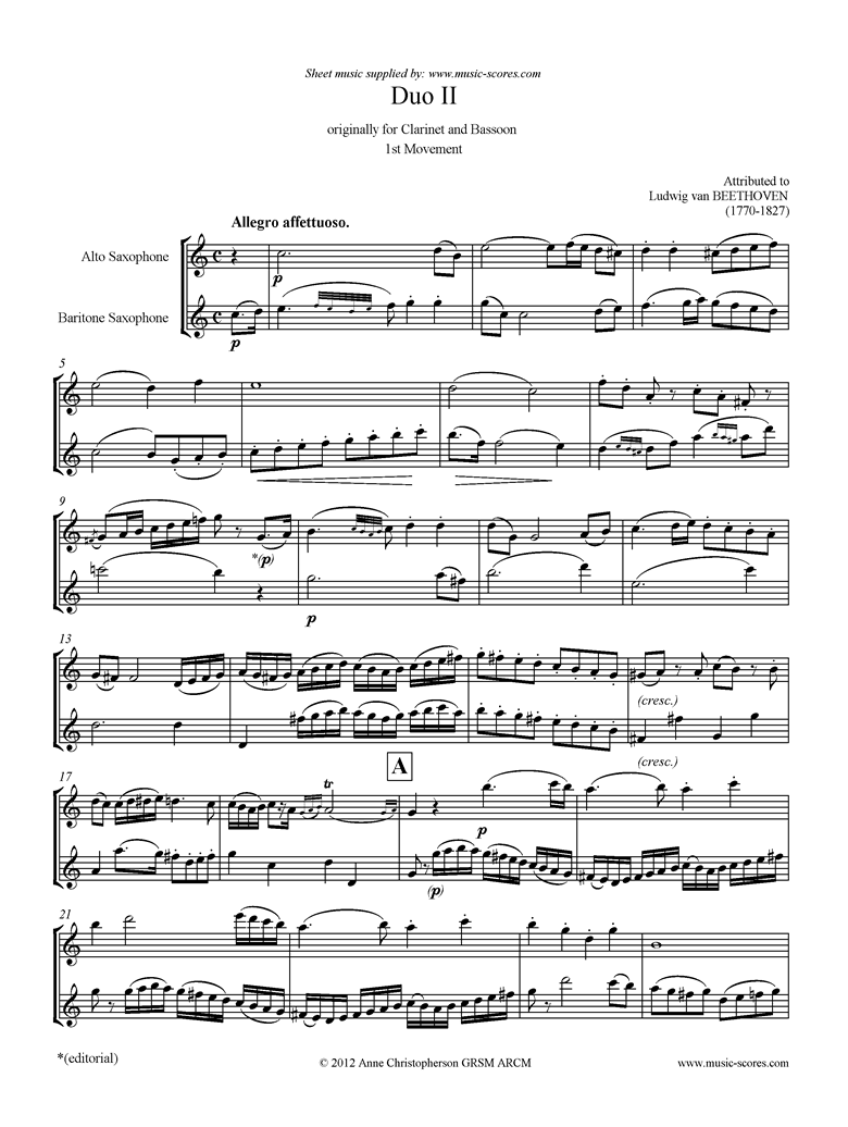 Front page of 3 Duos: No.2: 1st mvt: Alto Sax, Baritone Sax sheet music