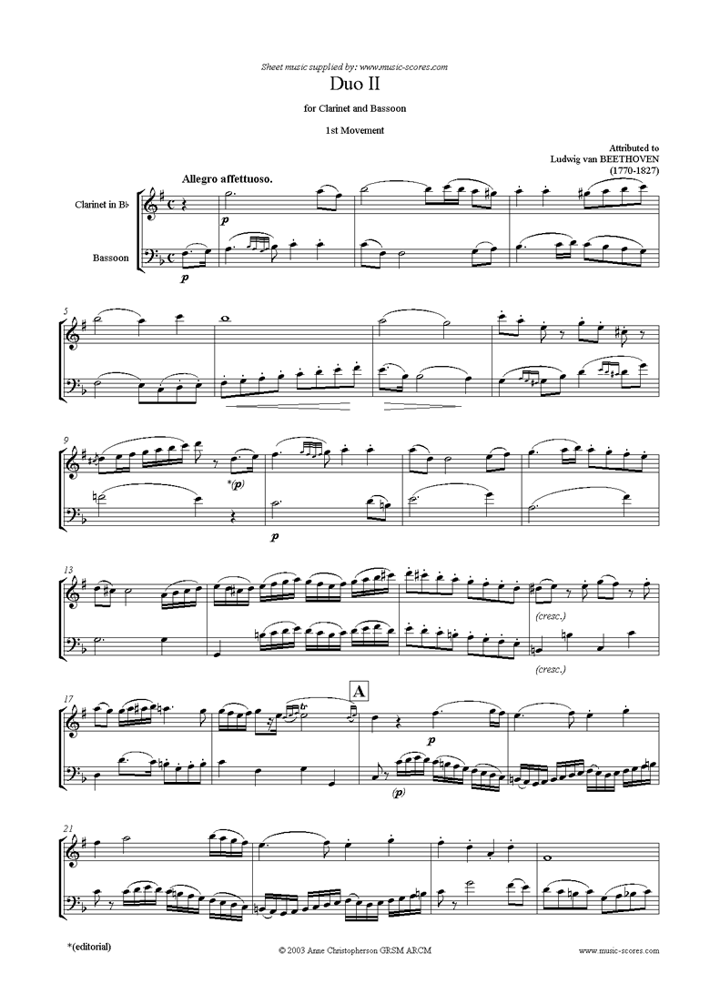 Front page of 3 Duos: No.2: 1st mvt: Clarinet, Bassoon sheet music