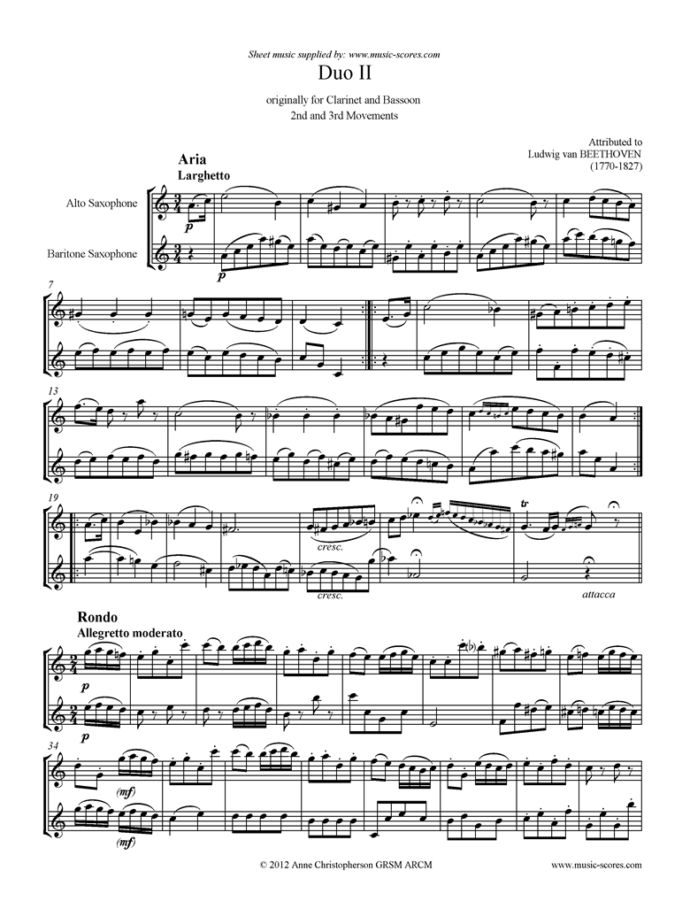 Front page of 3 Duos: No.2: 2nd and 3rd mvt. Alto Sax, Baritone Sax. sheet music