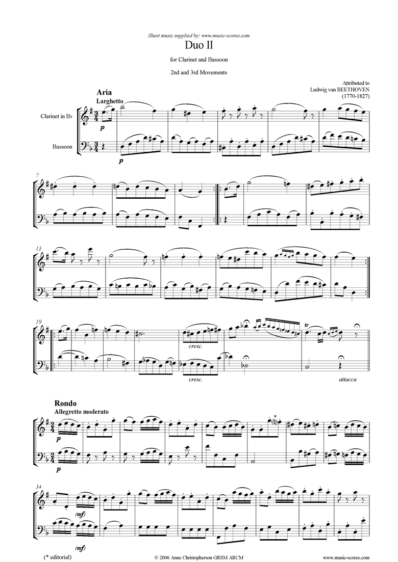 Front page of 3 Duos: No.2 in F, 2nd and 3rd mvt: Clarinet, Bassoon sheet music