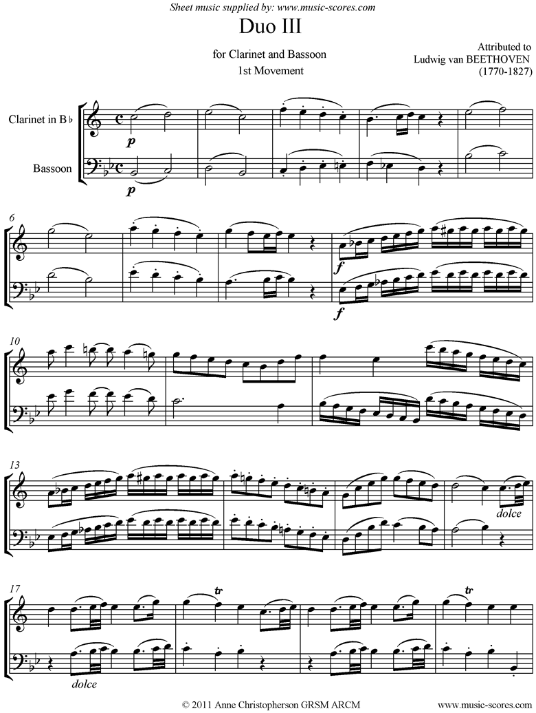 Front page of 3 Duos: No.3 in C major: 1st mvt: Clarinet and Bassoon sheet music