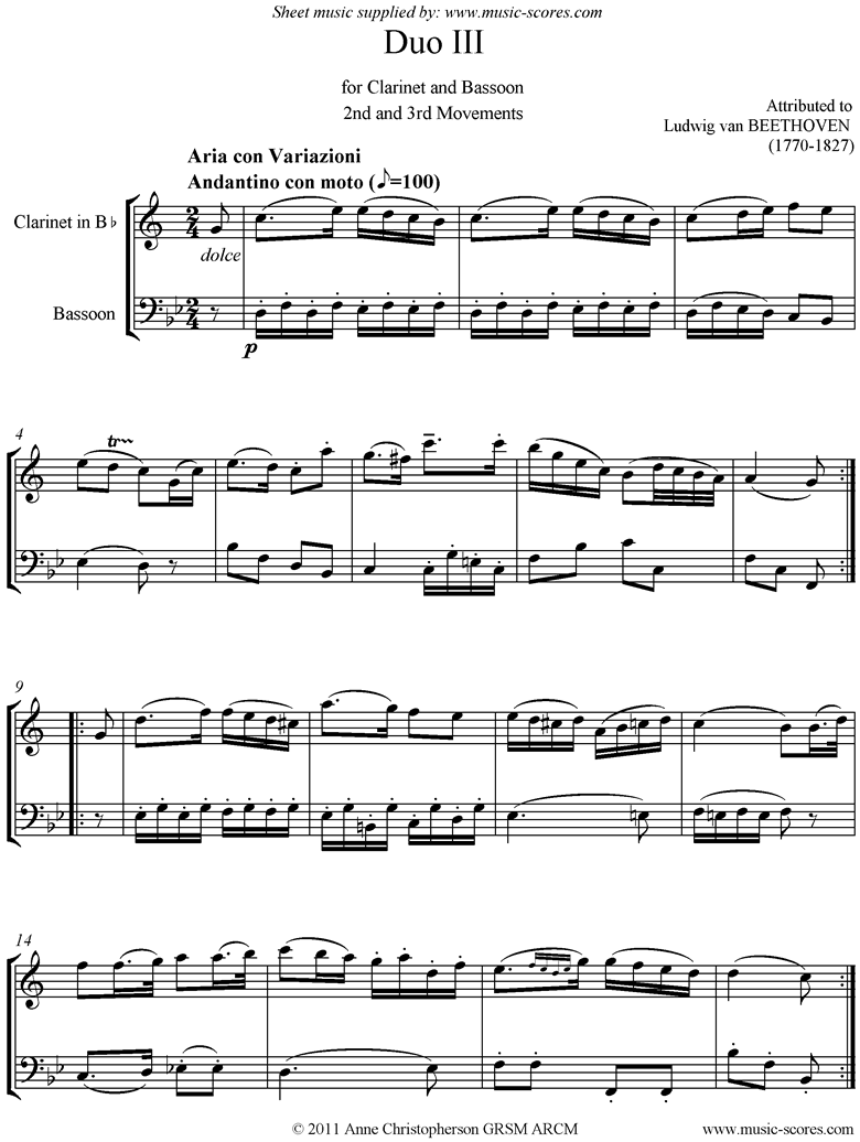 Front page of 3 Duos: No.3 in C major: 2nd and 3rd mvts: Clarinet and Bassoon sheet music