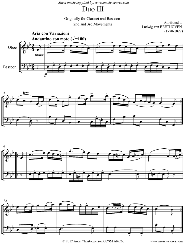 Front page of 3 Duos: No.3: 2nd and 3rd mvts: Oboe and Bassoon sheet music