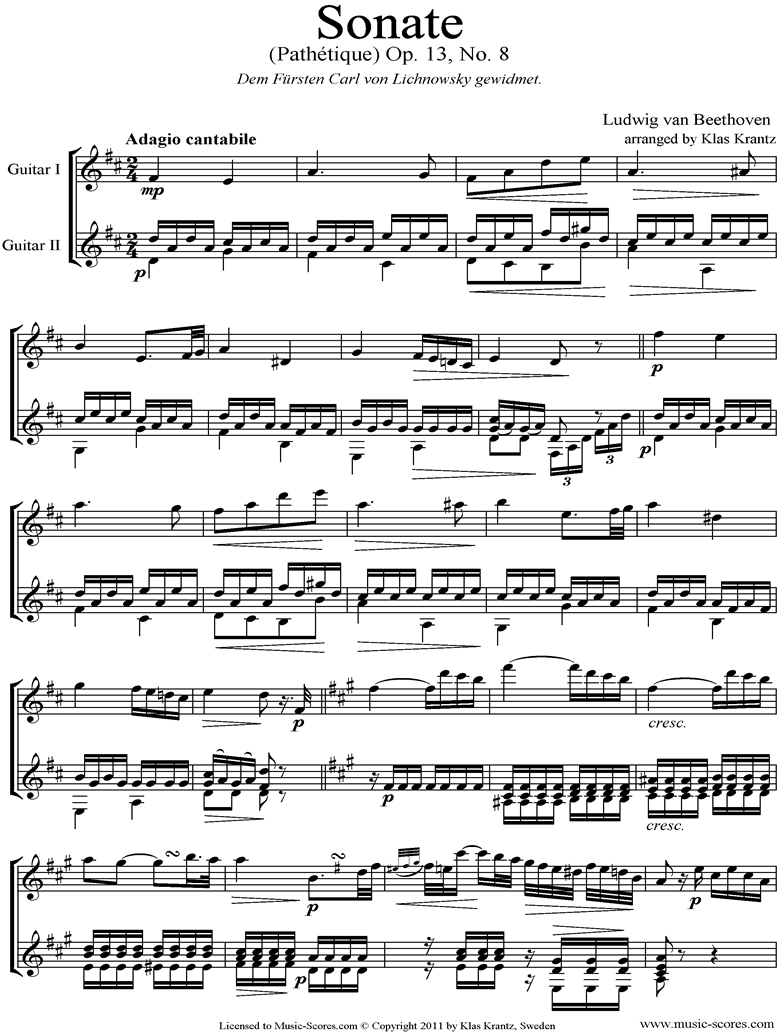 Front page of Op.13: Sonata 08: Pathetique, 2nd mvt:  Guitar Duet sheet music