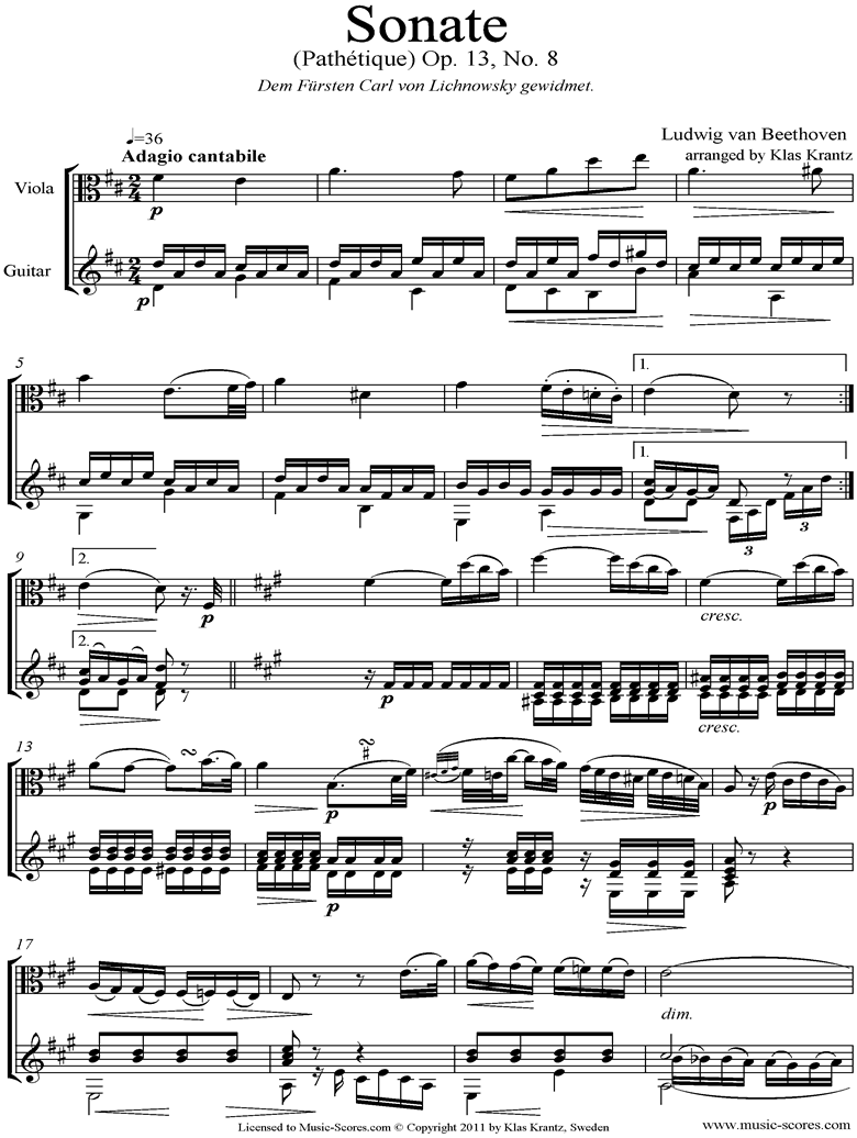Front page of Op.13: Sonata 08: Pathetique, 2nd mvt:  Viola, Guitar sheet music