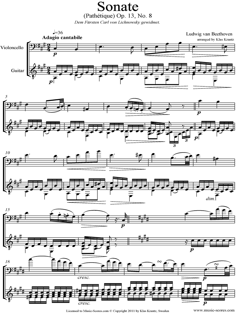 Front page of Op.13: Sonata 08: Pathetique, 2nd mvt:  Cello, Guitar sheet music