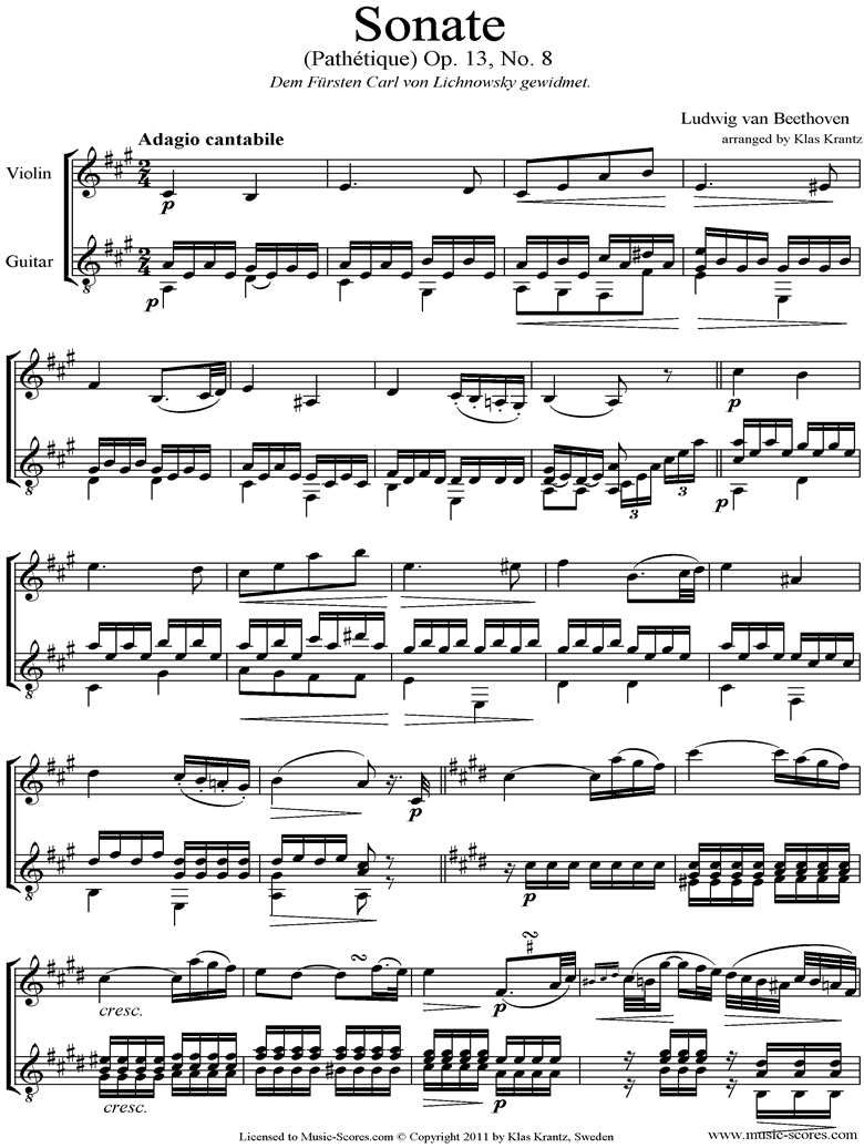 Front page of Op.13: Sonata 08: Pathetique, 2nd mvt:  Violin, Guitar sheet music