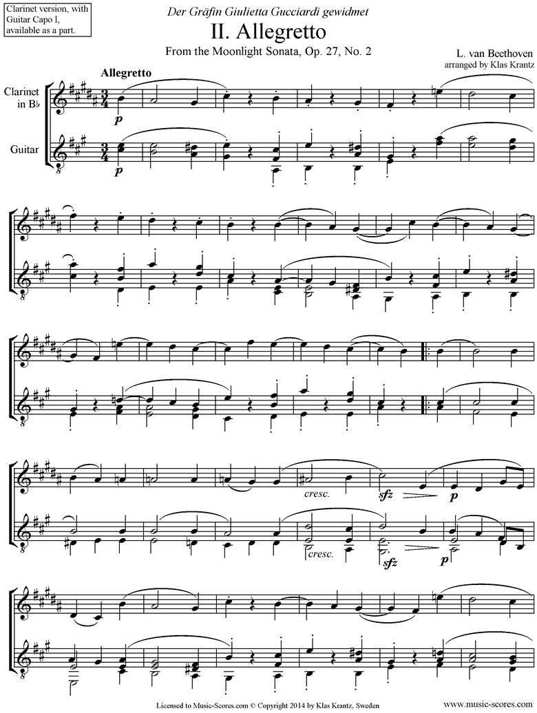 Front page of Op.27, No2: Sonata 14: Moonlight, 2nd mvt: Clarinet, Guitar, A ma. sheet music