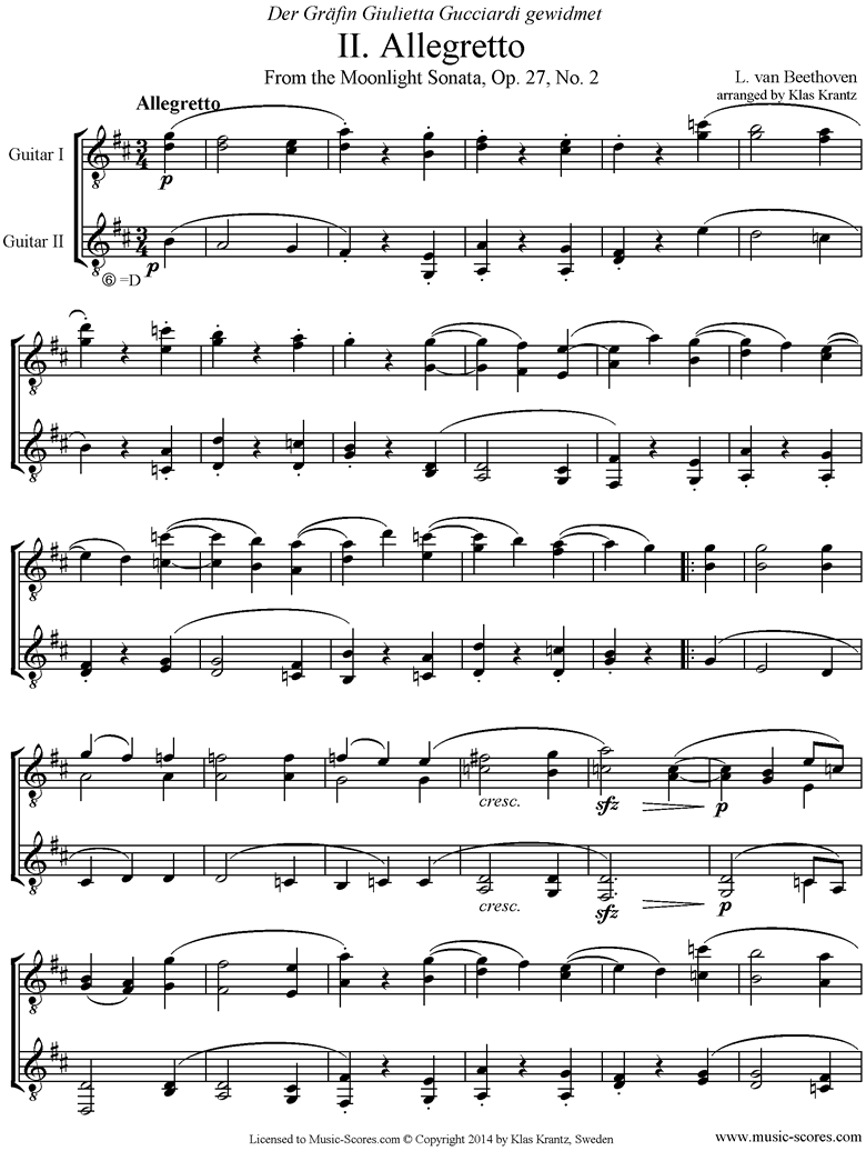 Front page of Op.27, No2: Sonata 14: Moonlight, 2nd mvt: Guitar Duet. sheet music