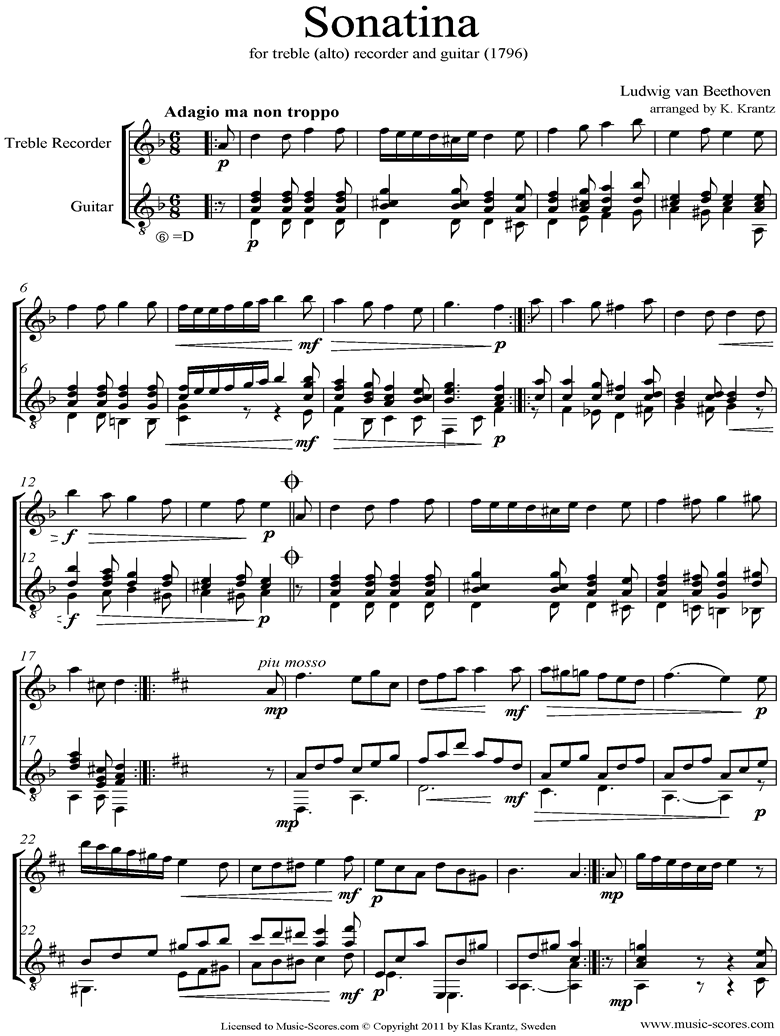 Front page of WoO 43a: Sonatina: Treble Recorder, Guitar sheet music