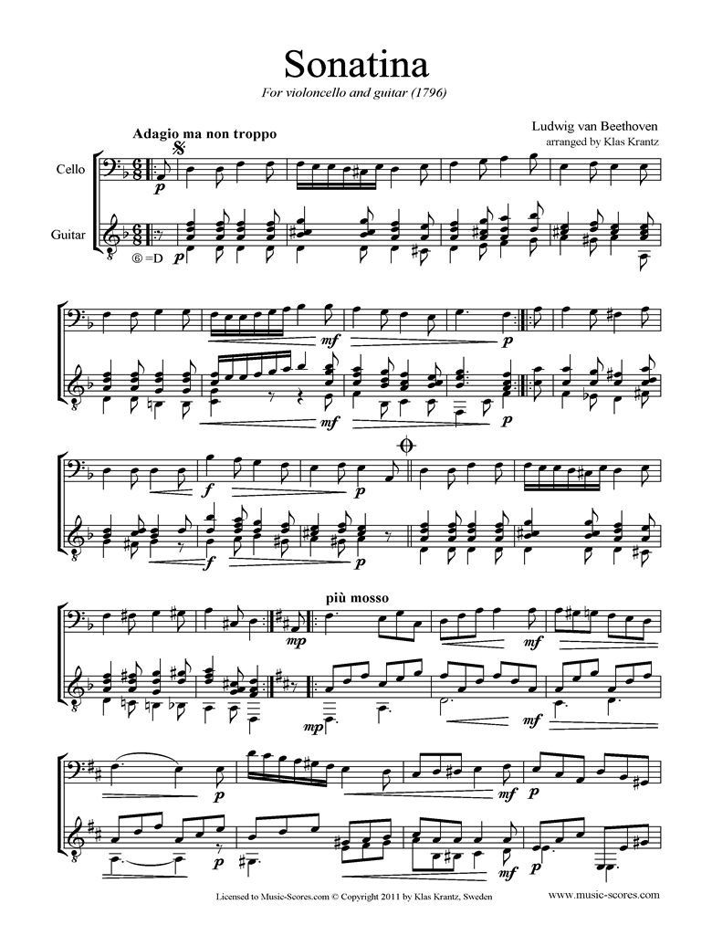 Front page of WoO 43a: Sonatina: Cello, Guitar sheet music