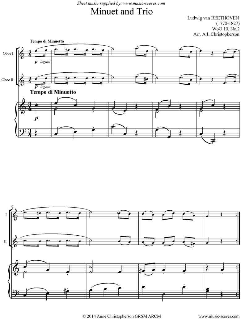 Front page of WoO 10, No.2: Minuet and Trio: 2 Oboes sheet music