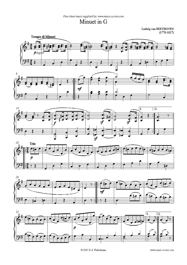 Beethoven. WoO 10 No.2 Minuet in G Piano classical sheet music