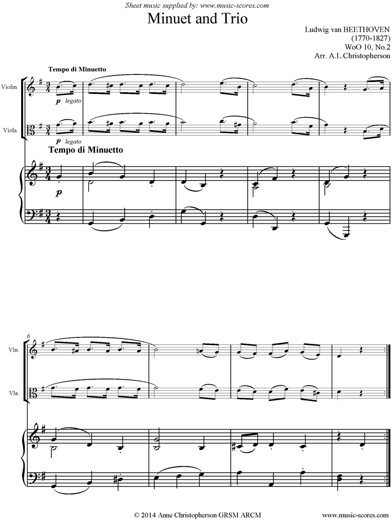 Front page of WoO 10, No.2: Minuet and Trio: Violin, Viola and Piano sheet music