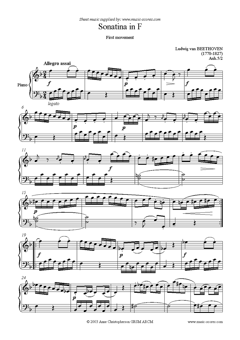 Front page of Sonatina in F. a: 1st movement:  Allegro assai sheet music