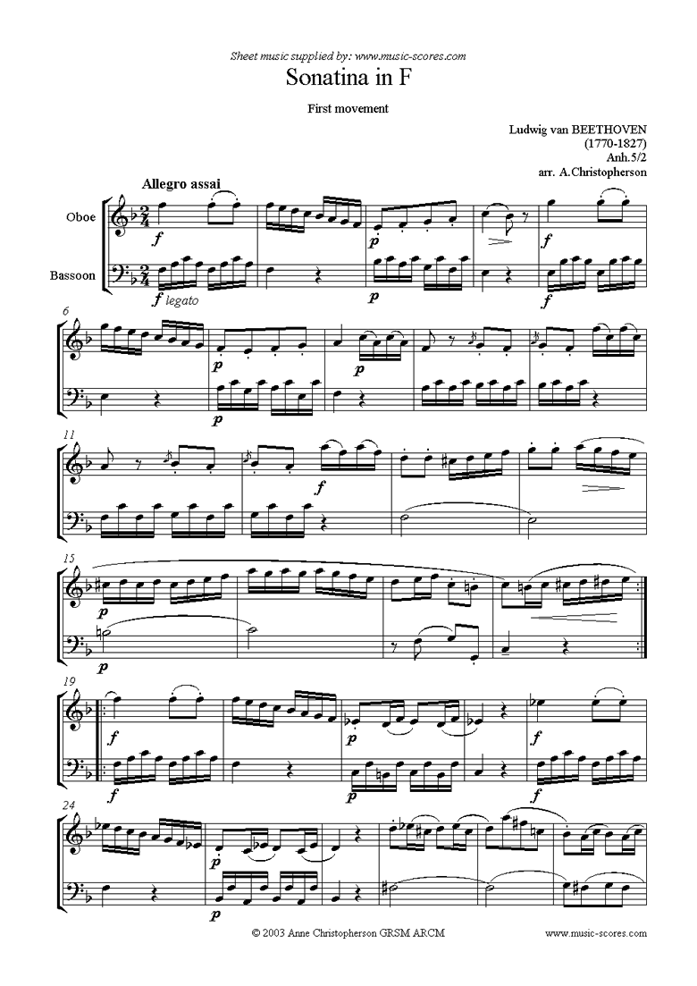 Front page of Sonatina in F. e: 1st movement:  Allegro assai sheet music