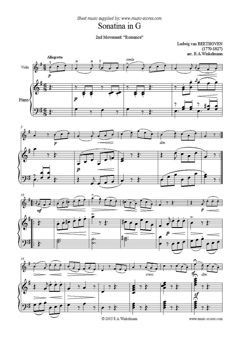 Front page of Sonatina in G, 2nd movement: Romance sheet music